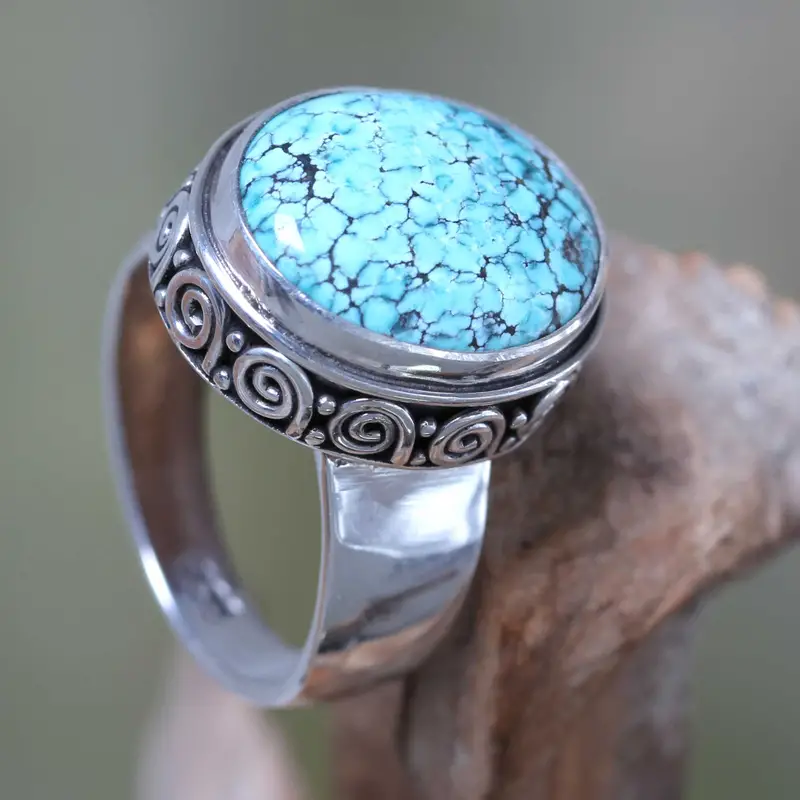 925 Sterling Silber Türkisring Handgefertigter Damenring Böhmischer Blausteinring Geschenk für sie