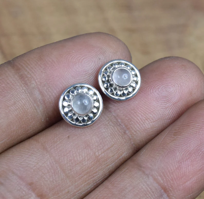 Rosa Rosenquarz 925 Sterling Silber Ohrstecker Runde Edelstein Ohrstecker Designer Ohrstecker Januar Geburtsstein Geschenk für Ehefrau & Sie