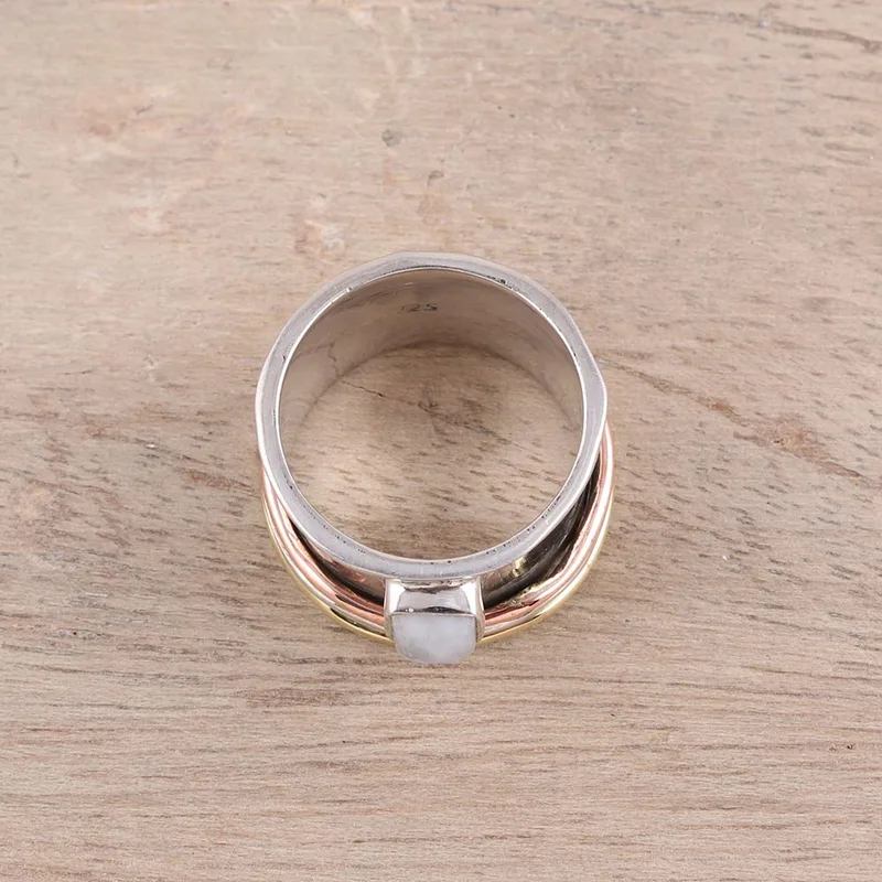 Sterling Silber Kupfer Regenbogen Mondstein Meditationsring Handgemachter Ring Silberschmuck Böhmischer Zierlicher Ring Geschenk für Sie Geburtstagsgeschenk