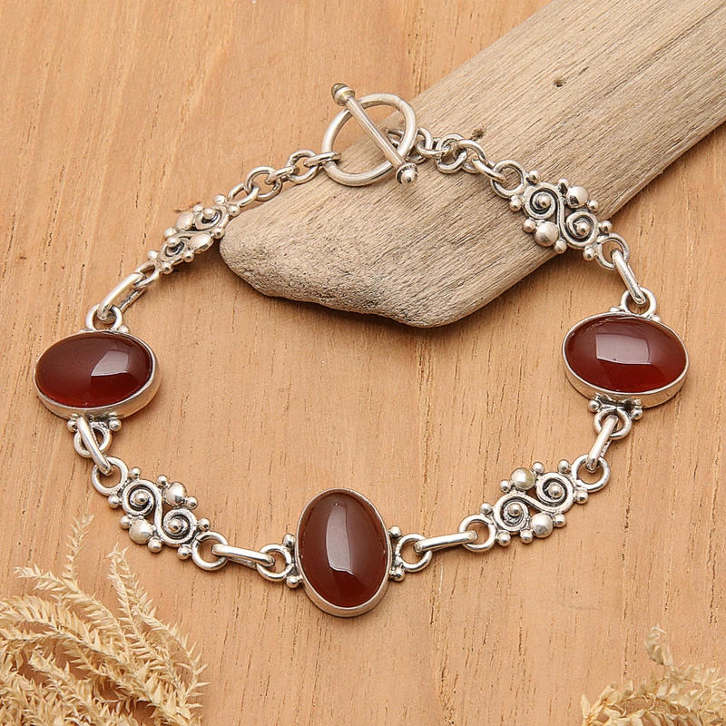Sonnenuntergang Karneol-Gliederarmband 925 Sterling Silber Boho Zierlicher Schmuck Geschenk für Sie