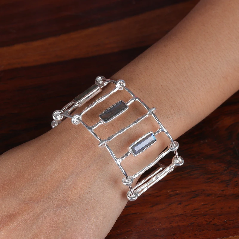 Natürlicher Labradorit Sterling Silber Armreif Armband Geburtstagsgeschenk für Sie Charmantes Schmuckstück Valentinstagsgeschenk für Sie