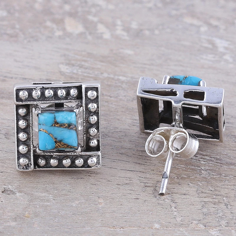 Handgemachte quadratische Türkis-Ohrstecker Quadratische 925 Sterling Silber Türkis-Schmuck Handgemachter böhmischer Schmuck Geschenk für Sie