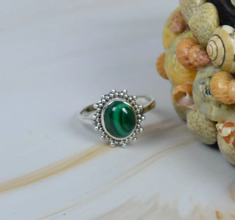 Malachit Oval Edelsteinring 925 Sterling Silber Handgemachter böhmischer Schmuck Statement Ring Geschenk für Sie