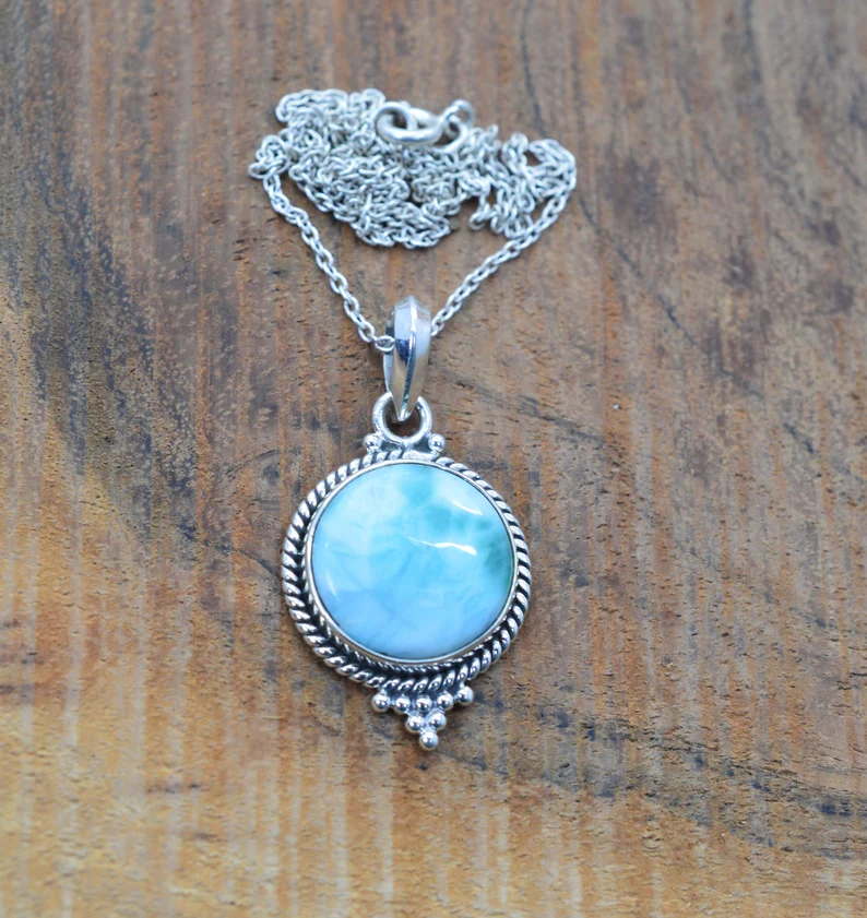 Blauer Larimar 925 Sterling Silber Edelstein Anhänger Halskette Minimalistische Larimar Edelstein Halskette Blaue Larimar Halskette Geschenk für Sie
