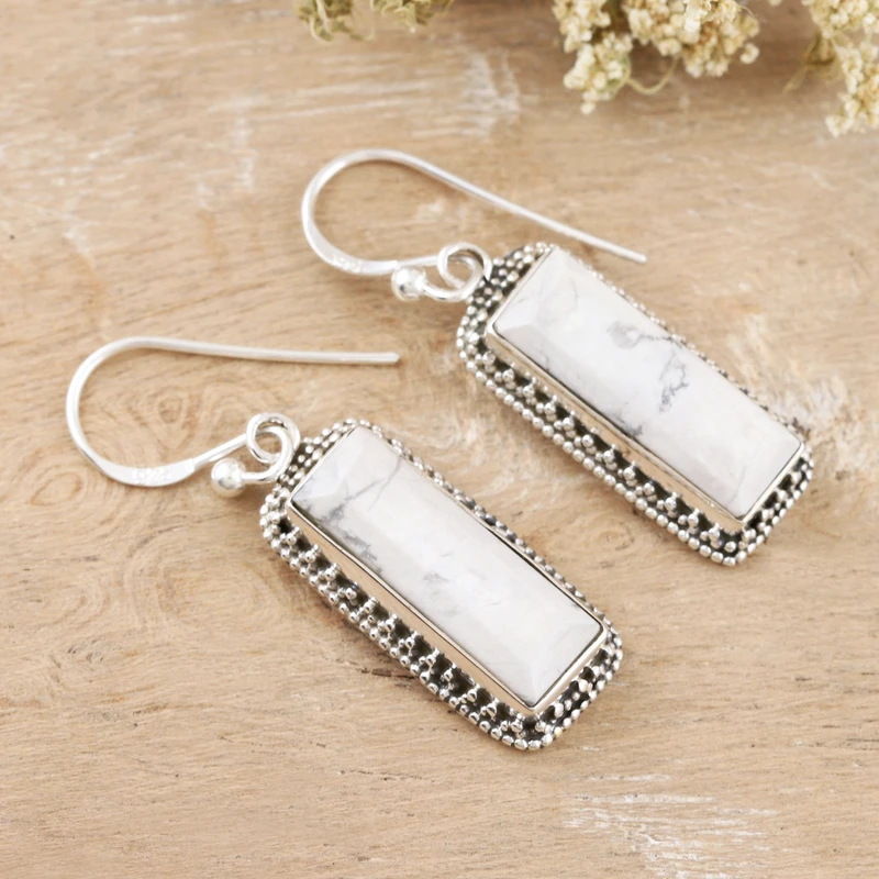 Howlith und Sterling-Silber Hängeohrringe 925 Massivsilber Handgemachte Edelstein Silberohrringe Alltagsschmuck Geschenk für Sie
