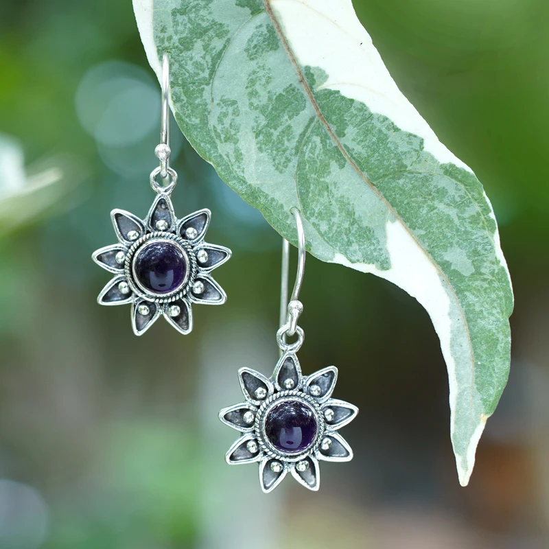 Blumenohrringe aus Sterlingsilber mit Amethyst, handgefertigt, Geschenk, Hochzeitsschmuck, Geschenk für sie