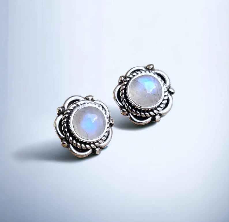 Runde florale Ohrstecker Regenbogen Mondstein Ohrstecker 925 Sterling Silber handgemachte Mondstein Ohrringe Mondstein Ohrstecker Geschenkidee