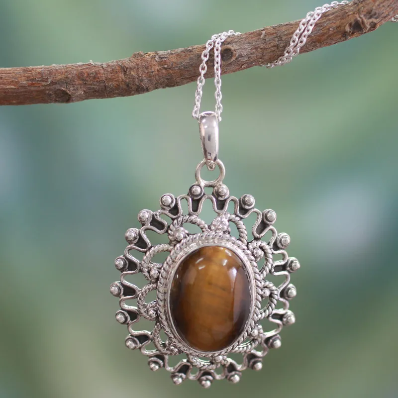 Handgefertigte Halskette aus Sterlingsilber mit Tigerauge-Anhänger, echter Edelstein, Bohemian-Schmuck, Geschenk für sie, Valentinstagsgeschenk