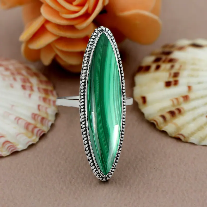 Natürlicher Malachit Marquise-Form Edelsteinringe 925 Sterling Silber Ring Böhmischer Vintage Ring Handgemachter Geburtssteinring Schmuck