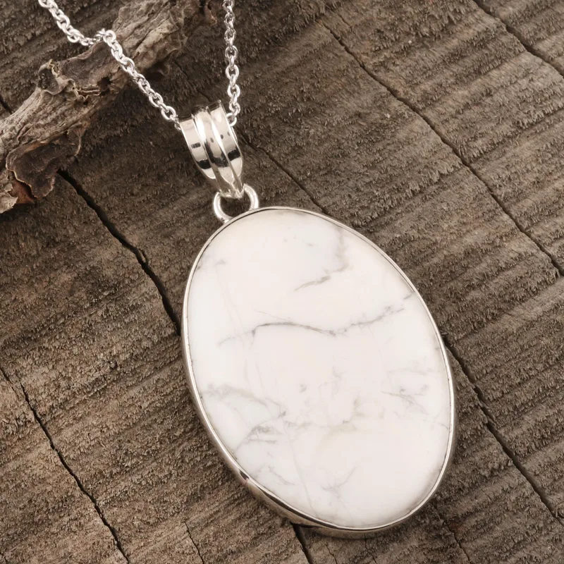 Weiße Nebel Howlith Ovale Anhänger Halskette 925 Sterling Silber Howlith Schmuck Handgefertigt Böhmischer Schmuck Geschenk Für Sie