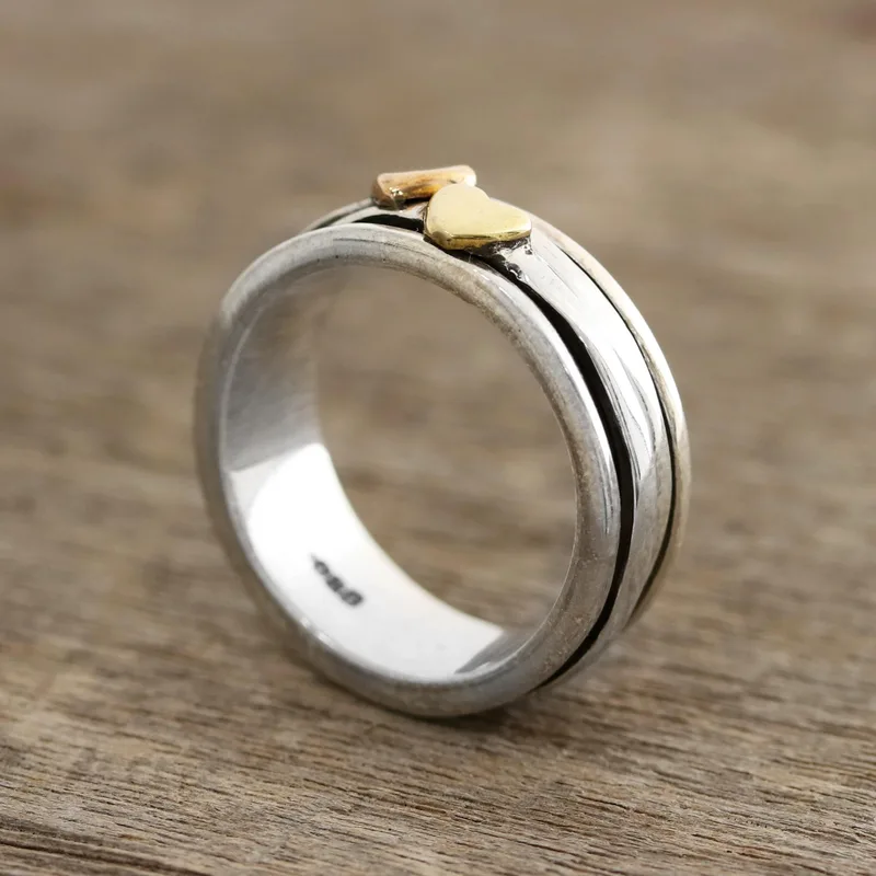 Herz Motiv Sterlingsilber und Messing Spinner Ring Handgemachter Ring Silberschmuck Böhmischer Zierlicher Ring Geschenk für sie Geschenkidee