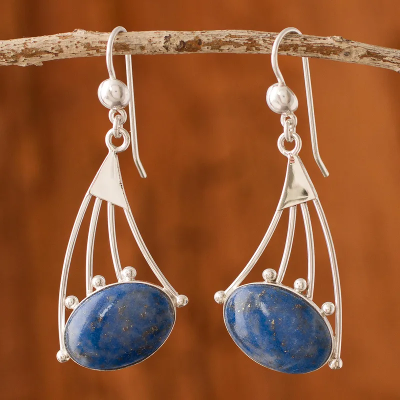Moderne Ohrhänger aus Sterlingsilber mit Lapislazuli, Designer-Ohrringe für Damen, handgefertigte Silberohrringe, Schmuckgeschenke, Artikelgeschenk für Sie