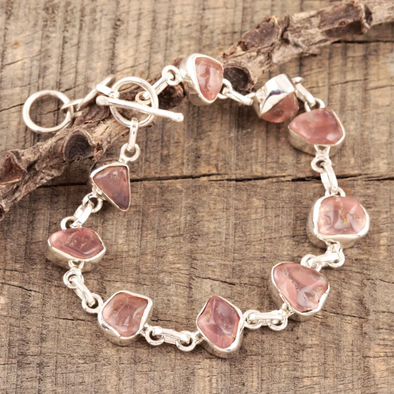 Rose Quartz Nugget Link Bracelet 925 Sterling Silver Bohemian Jewelry Charming Jewelry Valentine Day Gift For Her