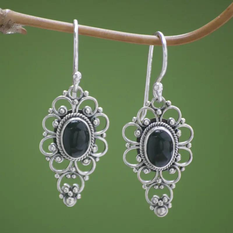 Blumen-Onyx-Ohrhänger aus Sterlingsilber, handgefertigte Ohrringe für Damen, Geschenke für Mama & Sie, Böhmischer Schmuck