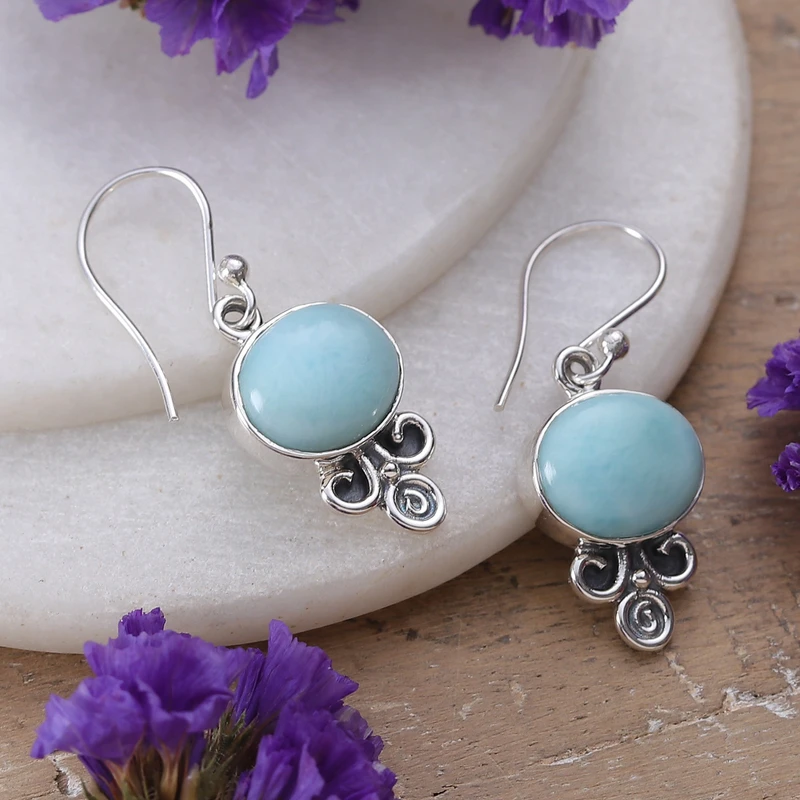 925 Sterling Silber Larimar Ohrhänger Massives Silber Edelstein Ohrringe Handgemachte Boho Ohrringe Geschenk für Sie