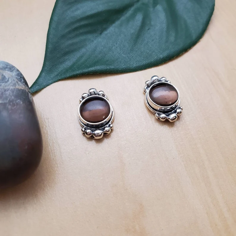 925 Sterling Silver Smoky Quartz Studs Earrings Trendy Gift For Her Women Minimalist Gemstone Jewelry Gift For Her