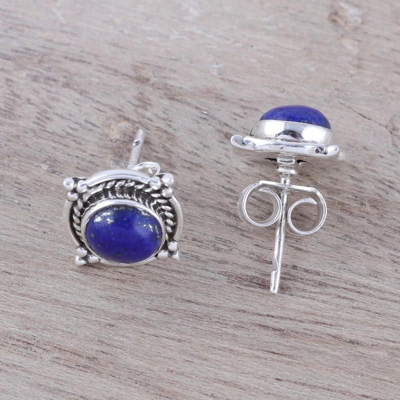 Runde Lapislazuli-Edelstein-Ohrstecker aus 925er Sterlingsilber, handgefertigte Ohrstecker für den Alltag, Geburtstagsgeschenk für sie