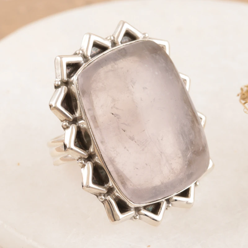 925er Sterlingsilber, handgefertigter Rosenquarz-Ring, Statement-Ring, Natursteinring, Geschenk für sie