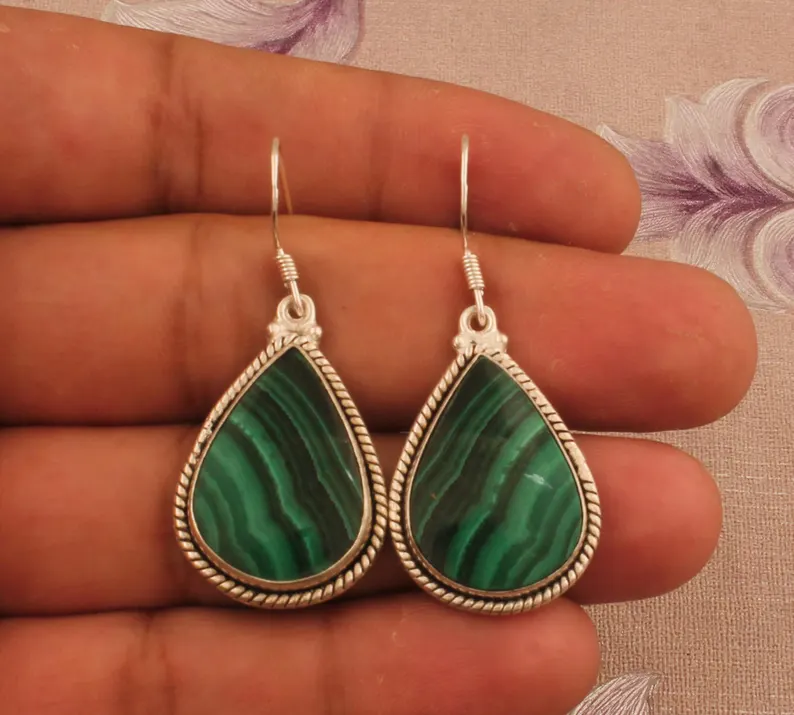 Groene Malachiet Oorbellen 925 Sterling Zilveren Oorbellen Dames Oorbellen Cadeau Voor Haar Lange Oorbellen Handgemaakte Oorbellen Verjaardagscadeau