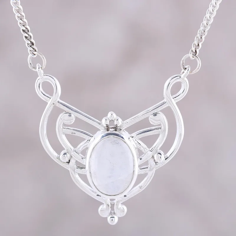 Ovale Regenbogen-Mondstein-Halskette mit Anhänger aus Sterlingsilber, handgefertigter Bohemian-Schmuck, Jahrestagsgeschenk für sie