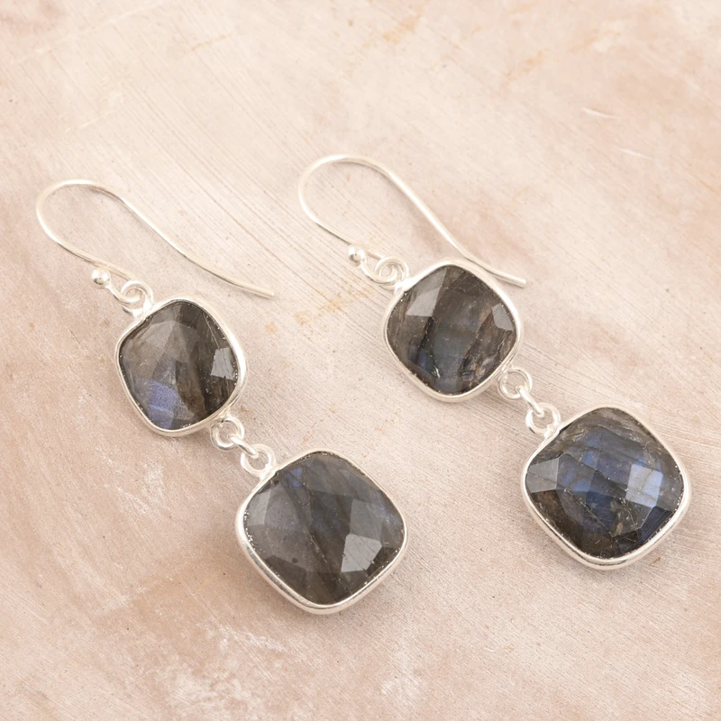 Labradorit-Ohrhänger 925er Sterling Silber Ohrringe Doppelte Edelstein-Ohrringe Labradorit-Schmuck