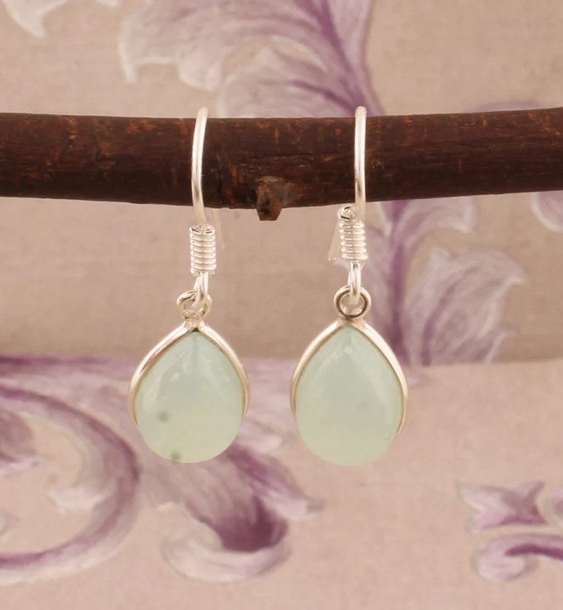 Aqua-Chalzedon Birnenform Edelstein Ohrringe 925 Sterling Silber Ohrringe Designer Lünettenfassung Silber Ohrringe Handgefertigte Edelstein Ohrringe