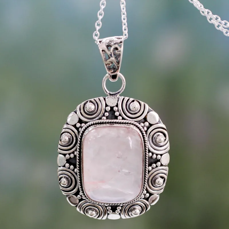 Antike Rosenquarz-Anhänger-Halskette 925 Sterling Silber Halskette für Frauen Handgefertigte Boho-Halsketten Geschenke für die Liebe