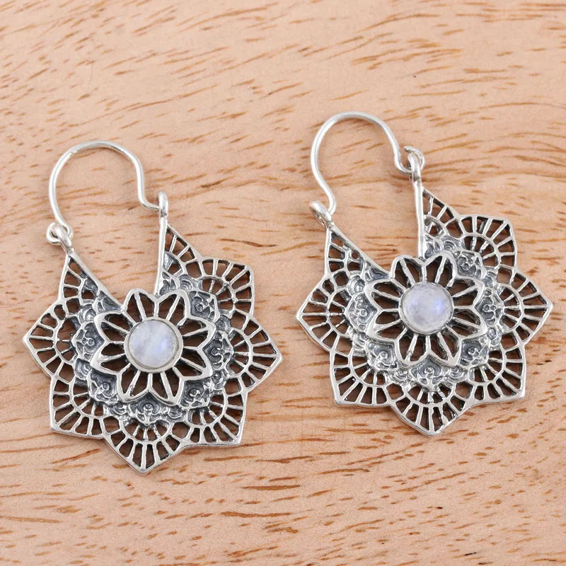 Floraler Nebel Natürlicher Regenbogen-Mondstein-Ohrringe 925 Sterling Silber Tropfen-Ohrhänger Handgemachte Edelstein-Ohrringe Geburtstagsgeschenk für Sie