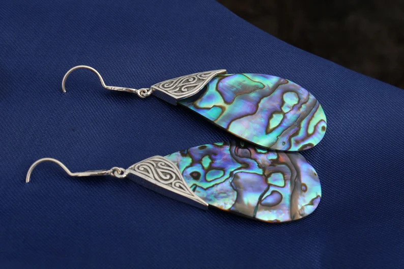 Abalone Muschel Ohrringe Tropfen Tribal Design Sterling Silber Edelstein Ohrring Tropfenförmiger Edelstein Ohrring 925 Sterling Silber Ohrring Weihnachten