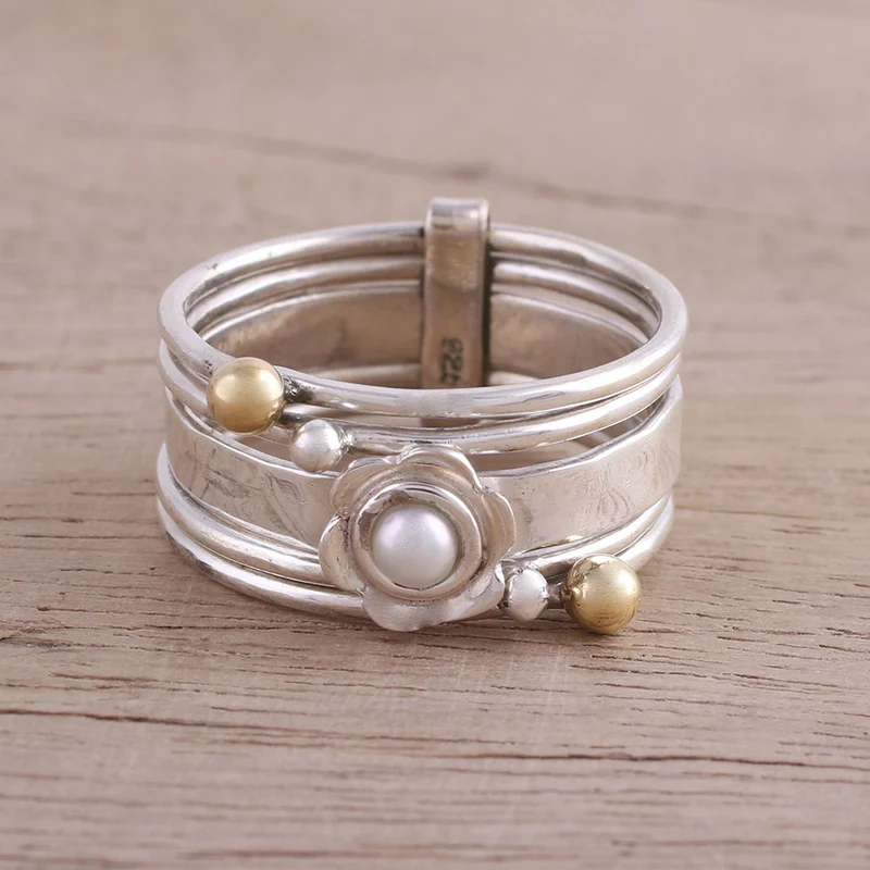 Zuchtperle und Sterlingsilber Meditations-Spinner-Ring Handgemachter Ring Silberschmuck Böhmischer zierlicher Ring Geschenk für Sie