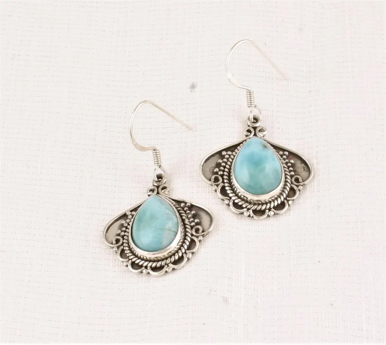 925 Sterling Massiv Silber Larimar Birnenstein Ohrringe Natürliche Larimar Edelstein Silber Ohrringe Handgefertigte Damen Hochzeitsgeschenk Ohrringe