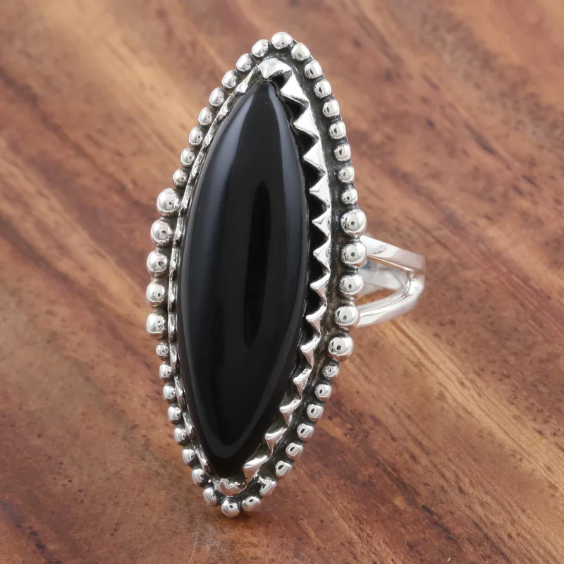 Marquise-Lünette Schwarzer Onyx Cabochon Cocktailring 925 Sterling Silber Statement Ring Handgefertigter Ring Damen Silberring Geschenk für Sie