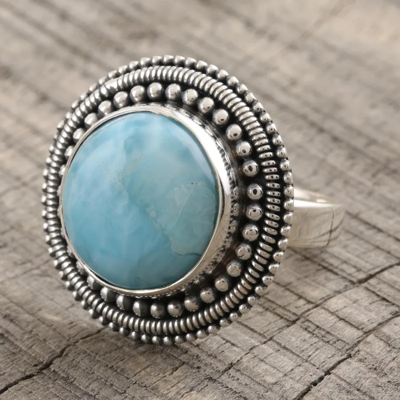 Handgefertigter Larimar Cocktailring 925 Sterling Silber Ring Zierlicher Ring Edelsteinring Damenring Geschenk für Sie