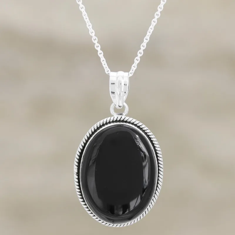 Zwarte Onyx Cabochon Hanger Ketting 925 Sterling Zilver Delicate Ketting Boheemse Sieraden Cadeau Voor Moeder & Haar