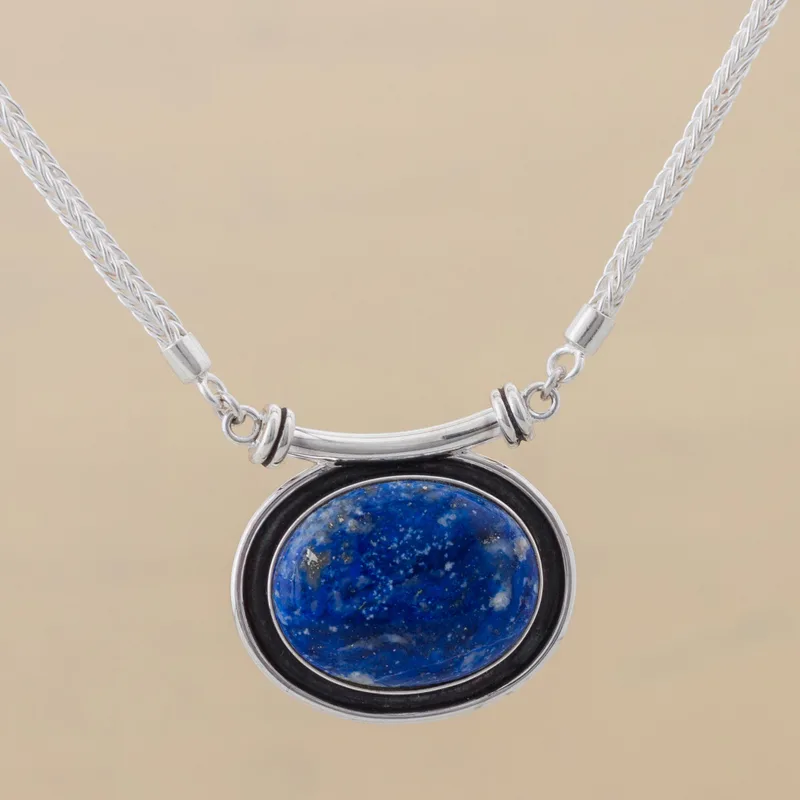 Mystischer Medaillon-Halskette aus blauem Lapislazuli 925er Sterling Silber Lapislazuli-Schmuck Handgemachter Schmuck Boho-Halskette Statement-Halskette Geschenk für sie Valentinstagsgeschenk