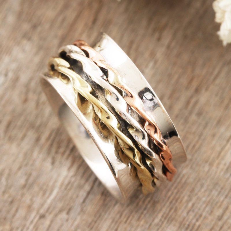 Meditations-Spinner-Ring aus Messing und Kupfer, handgefertigt aus 925er Sterlingsilber, Geschenk für sie