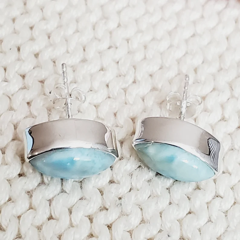 Larimar Marquise-Schliff Edelstein 925 Sterling Silber Ohrstecker Designer Silberohrringe Natürliche Edelsteinohrringe Handgefertigte Ohrringe
