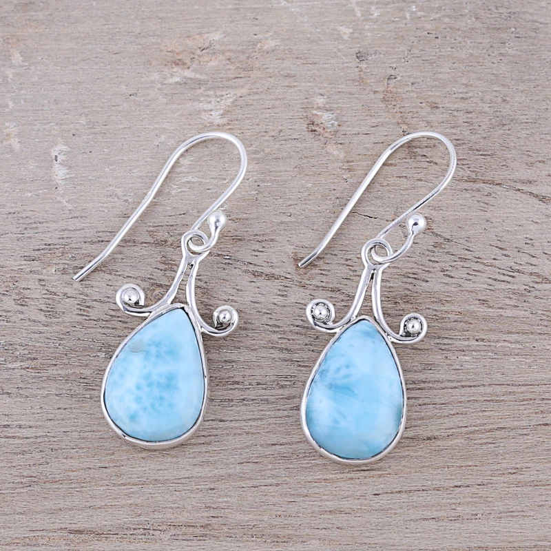 Tropfenförmige Larimar Ohrhänger 925 Sterling Silber Edelstein Ohrringe Handgefertigt Damen Hochzeit Ohrringe Geschenkidee