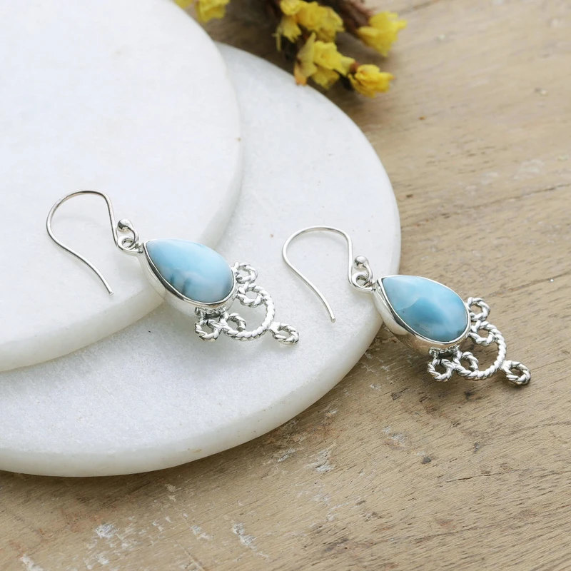Ohrhänger aus Sterlingsilber mit Larimar-Steinen Edelstein-Ohrringe Handgefertigte Boho-Ohrringe Geschenkidee