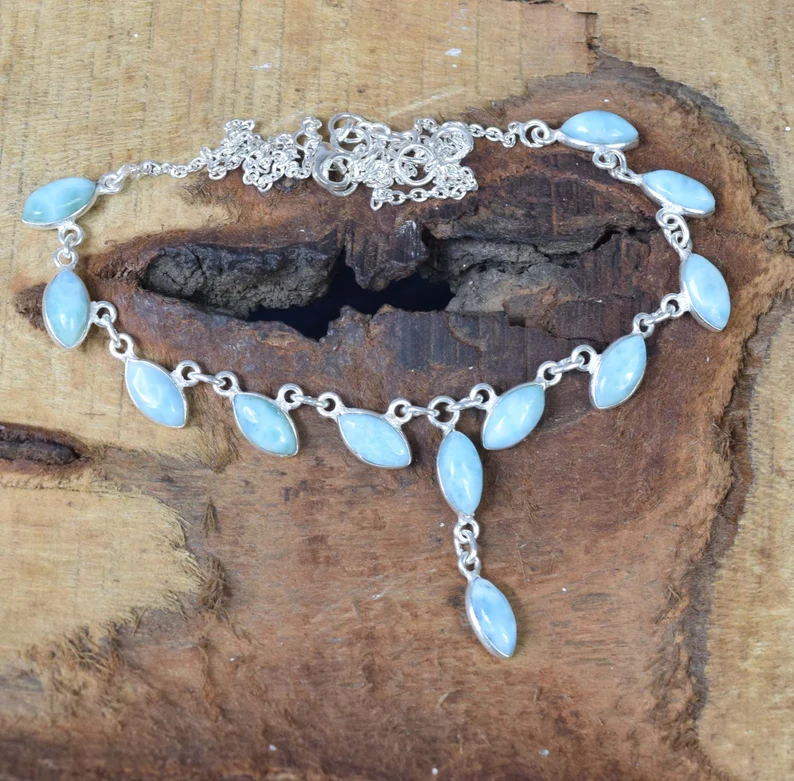 Natürlicher Larimar 925 Sterling Silber Marquise Edelstein Halskette Designer Schmuck Naturstein Handgemachter Schmuck Geschenk zum Jahrestag
