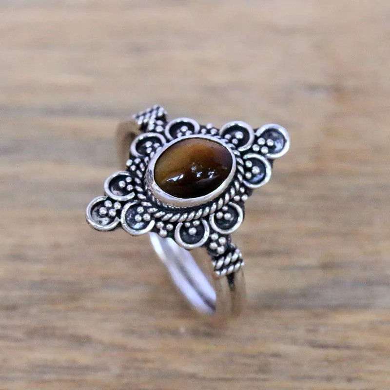 Daydream Temple Handgefertigter Tigerauge Cocktailring 925 Sterling Silber Edelstein Ring Hochzeitsgeschenk Ring für Liebe Valentinstag Geschenk für Sie