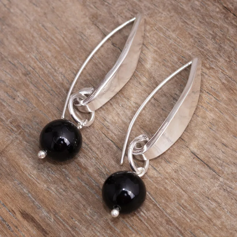 Natürlicher schwarzer Onyx Kugel Edelstein Silber Ohrring 925 Sterling Silber Damen handgemachte Ohrringe Geschenke für Mama & Sie