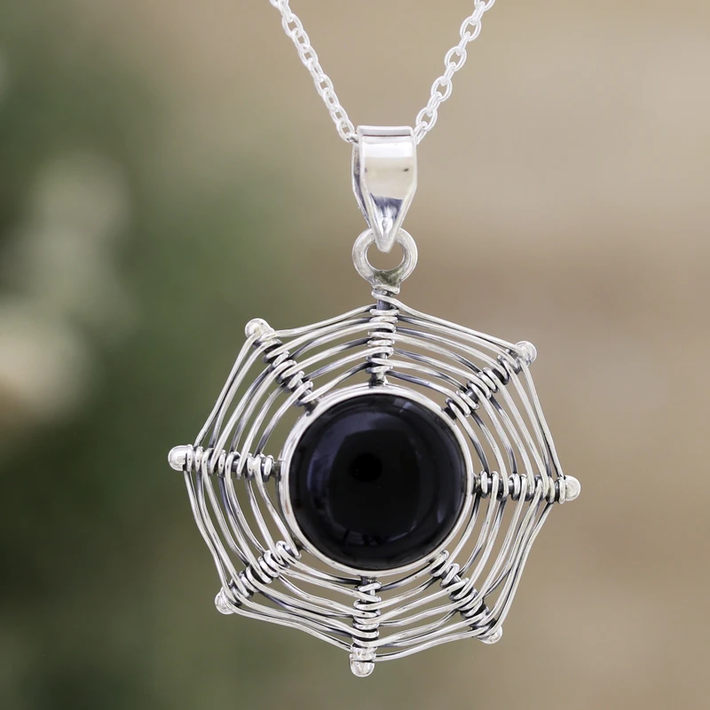 Magische Web Sterling Zilveren Zwarte Onyx Hanger Ketting Hanger Ketting Delicate Ketting Boheemse Sieraden
