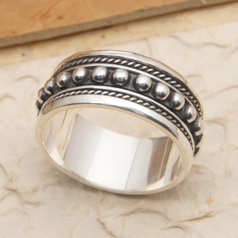 Klassieke Sterling Zilveren Spinner Ring met Stippen Patroon Handgemaakte Ring Zilveren Sieraden Boheemse Fijnzinnige Ring Cadeau Voor Haar