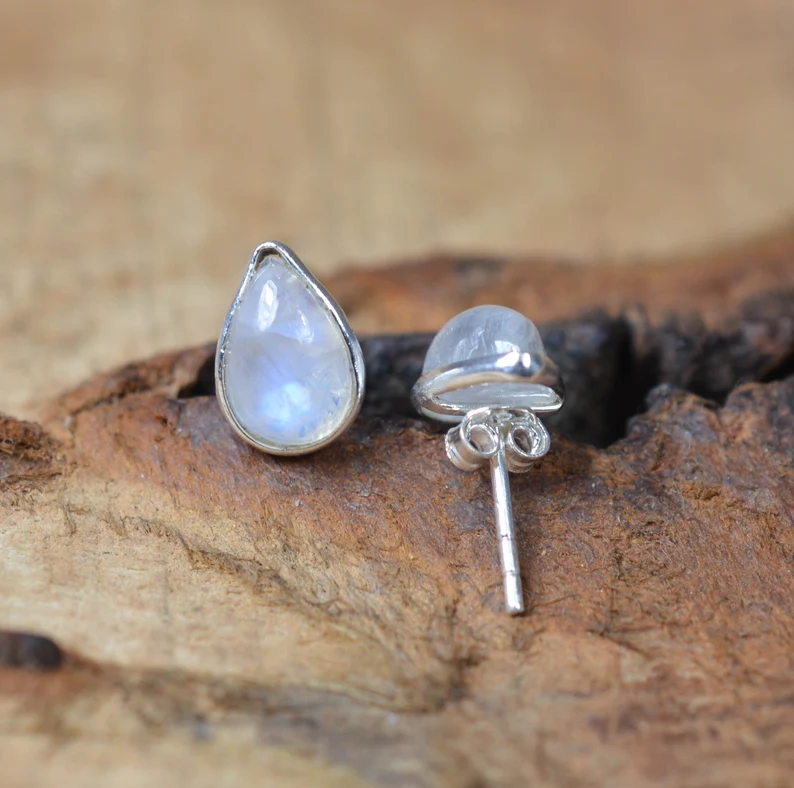 Weißer Regenbogen-Mondstein 925 Sterling Silber Tropfen Ohrstecker Handgemachte Boho Ohrringe Schmuck Geschenk für Sie