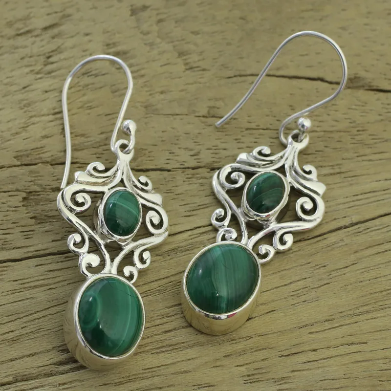 Fair Trade Schmuck Sterling Silber Malachit Ohrringe für Frauen Handgemachte Ovale Minimalistische Ohrringe Geschenkidee Schmuckgeschenk für Sie