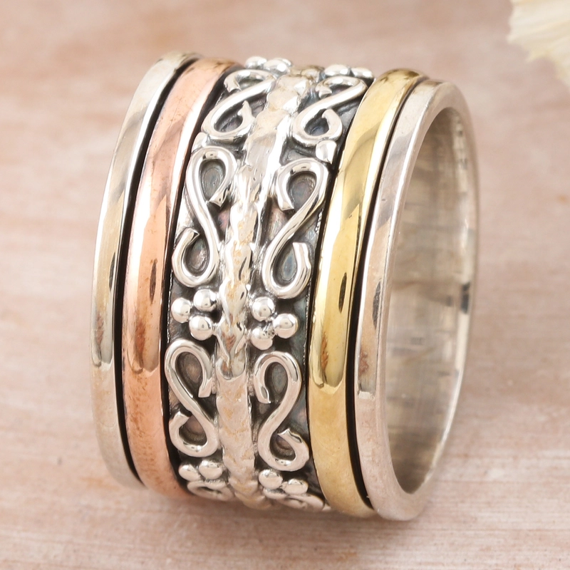 Zilver Messing en Koper Meditatie Draairing Handgemaakte 925 Sterling Zilveren Ring Cadeau voor Haar
