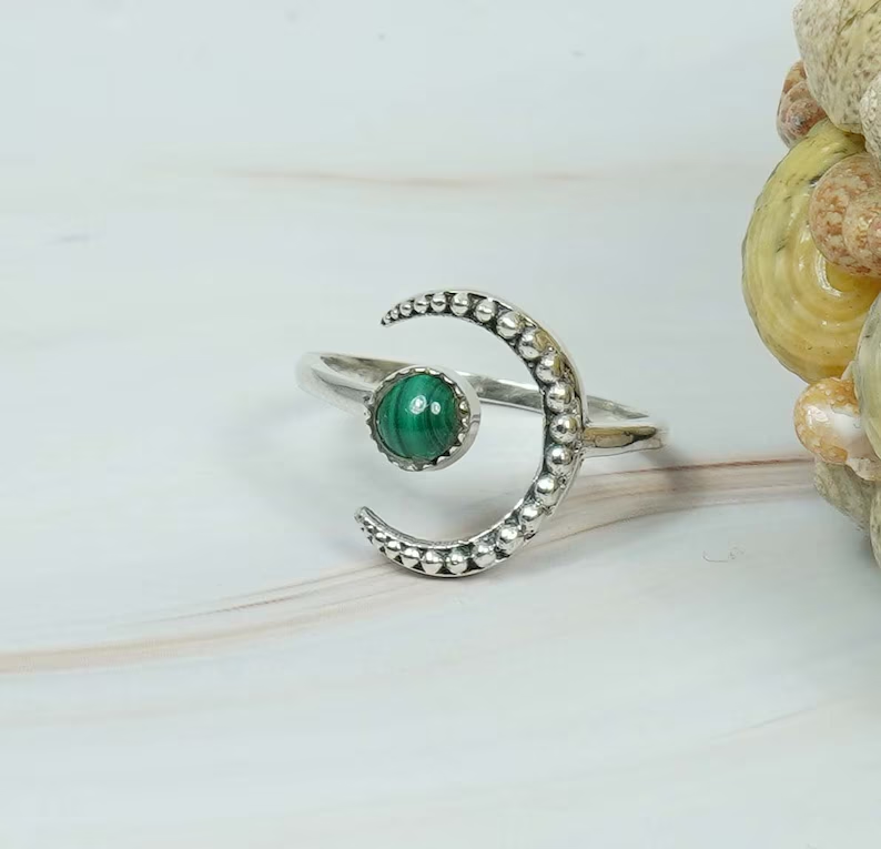 Grüner Malachit 925 Sterlingsilber Edelstein Verstellbarer Ring Halbmond Designerring Runder Ring Handgemachter Schmuck Geschenk für Sie