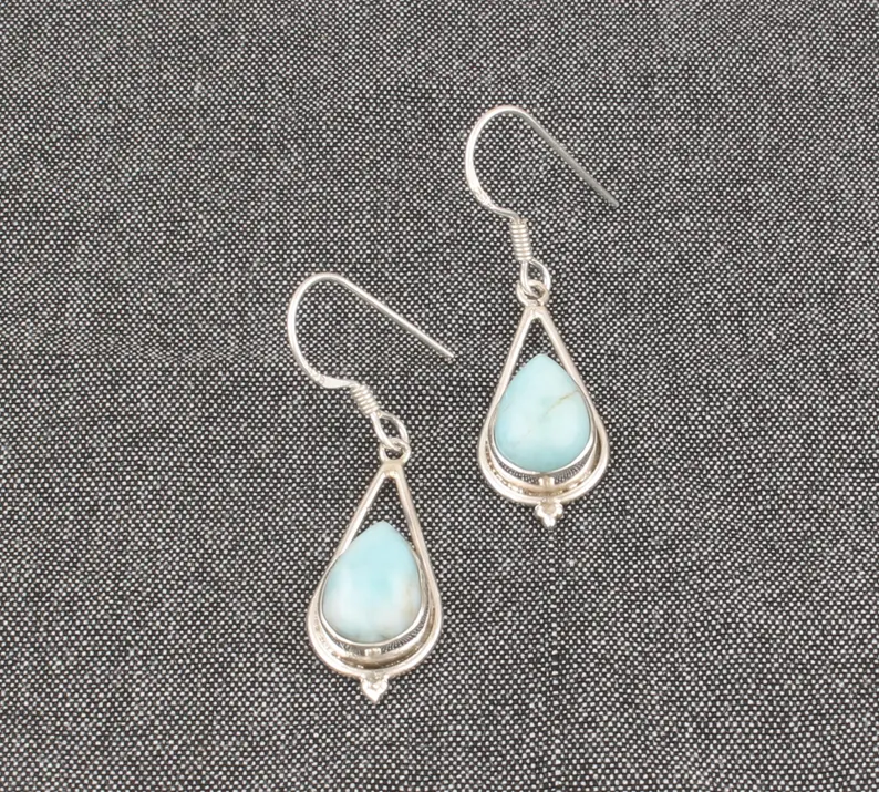 Larimar Edelstein Ohrring Massiver 925 Sterling Silber Tropfenohrringe Handgemachte Birnenstein Ohrringe Geschenke zum Muttertag
