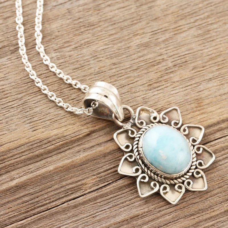 Larimar-Blumenmotiv-Anhänger-Halskette, 925er Sterlingsilber, alltagstauglicher Anhänger für Halskette, perfektes Geschenk für sie